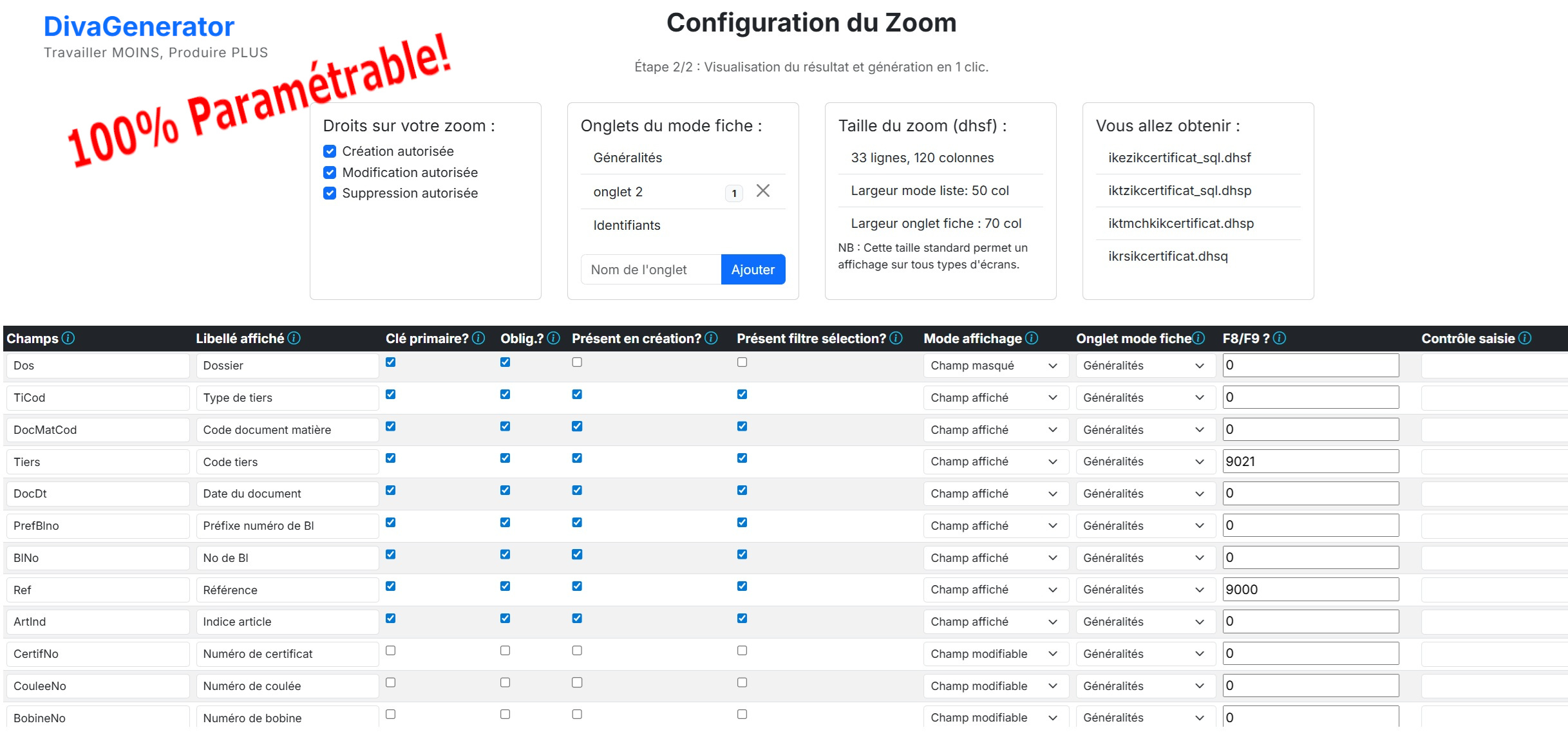Aperçu de l'interface DivaGenerator